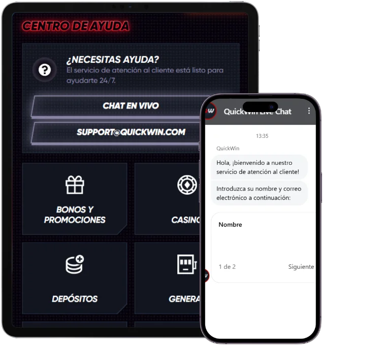 Centro de ayuda de QuickWin Casino con chat en vivo, soporte al cliente 24/7 y categorías de asistencia