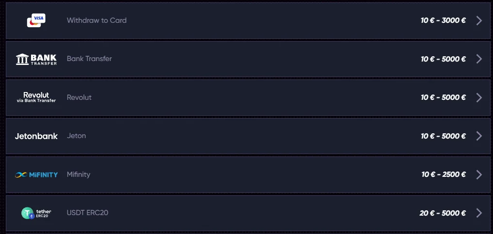 Métodos de retiro de QuickWin Casino con tarjeta, transferencia bancaria, Revolut, Jeton, Mifinity y USDT ERC20