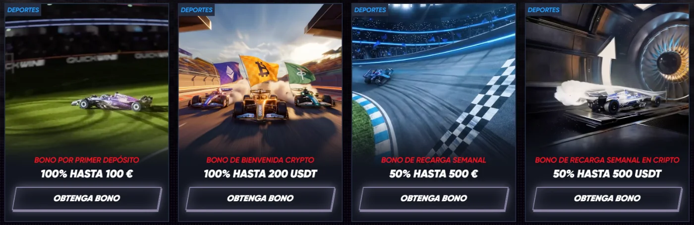 Promociones deportivas de QuickWin Casino con bono de primer depósito, recarga semanal y opciones con criptomonedas