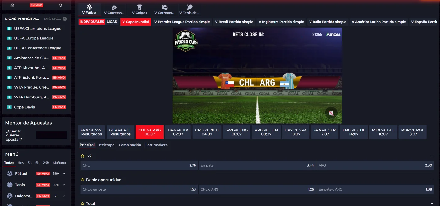 Sección de deportes virtuales de QuickWin Casino con fútbol, partidos simulados, cuotas y diferentes mercados de apuestas