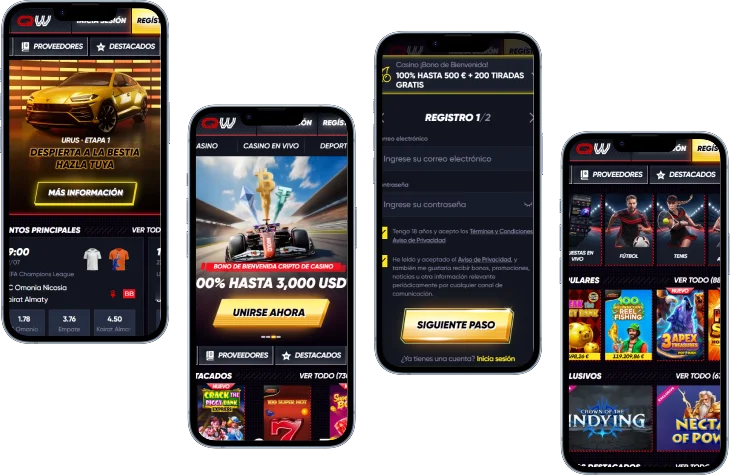 Versión móvil de QuickWin Casino con apuestas deportivas, promociones, registro y catálogo de juegos
